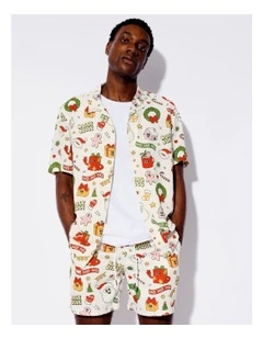 Silly Season Print Linen Blend Short Sleeve Shirt in Natural