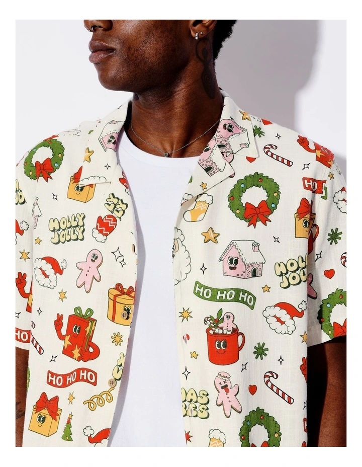 Silly Season Print Linen Blend Short Sleeve Shirt in Natural image 2