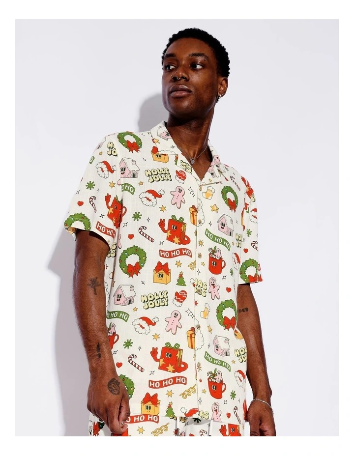 Silly Season Print Linen Blend Short Sleeve Shirt in Natural image 4