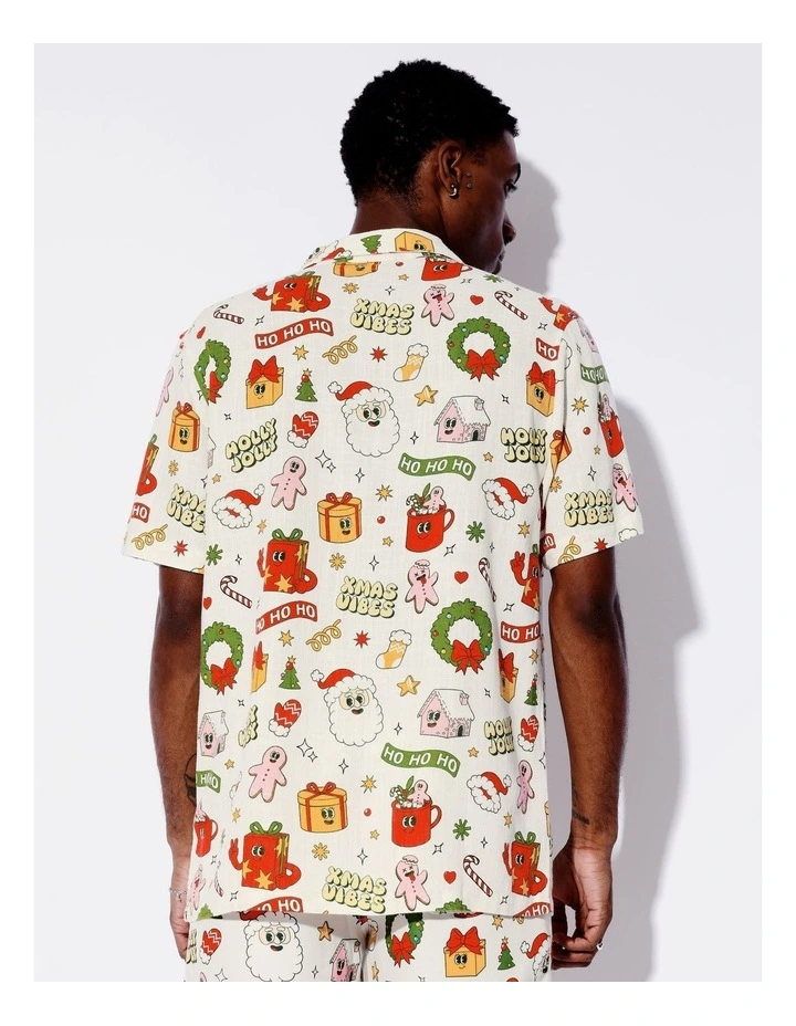 Silly Season Print Linen Blend Short Sleeve Shirt in Natural image 5
