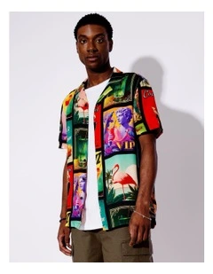 Cocktail Remix Textured Rayon Print Short Sleeve Shirt in Black