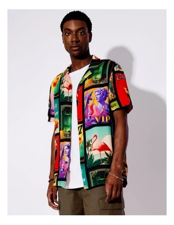 Cocktail Remix Textured Rayon Print Short Sleeve Shirt in Black