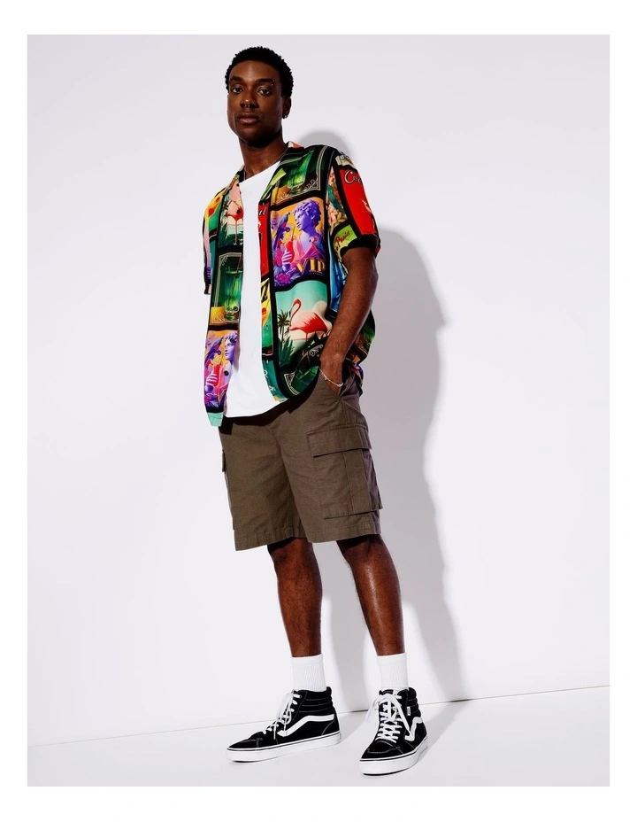 Cocktail Remix Textured Rayon Print Short Sleeve Shirt in Black image 2