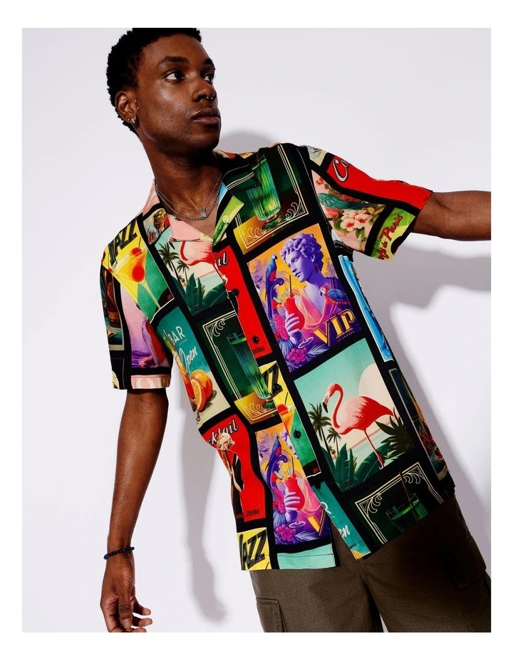 Cocktail Remix Textured Rayon Print Short Sleeve Shirt in Black image 3