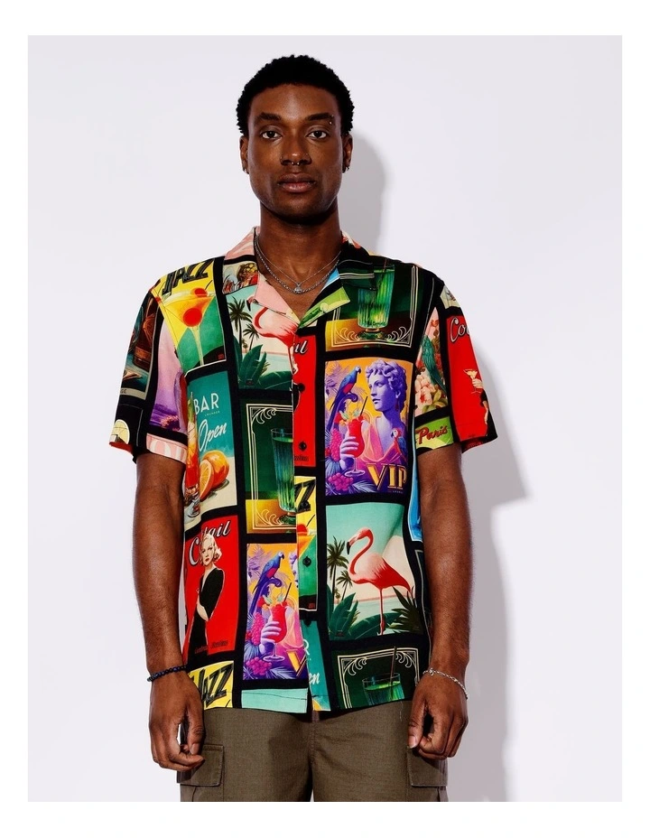Cocktail Remix Textured Rayon Print Short Sleeve Shirt in Black image 4