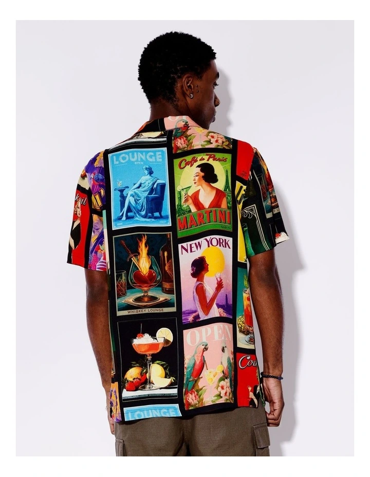 Cocktail Remix Textured Rayon Print Short Sleeve Shirt in Black image 5
