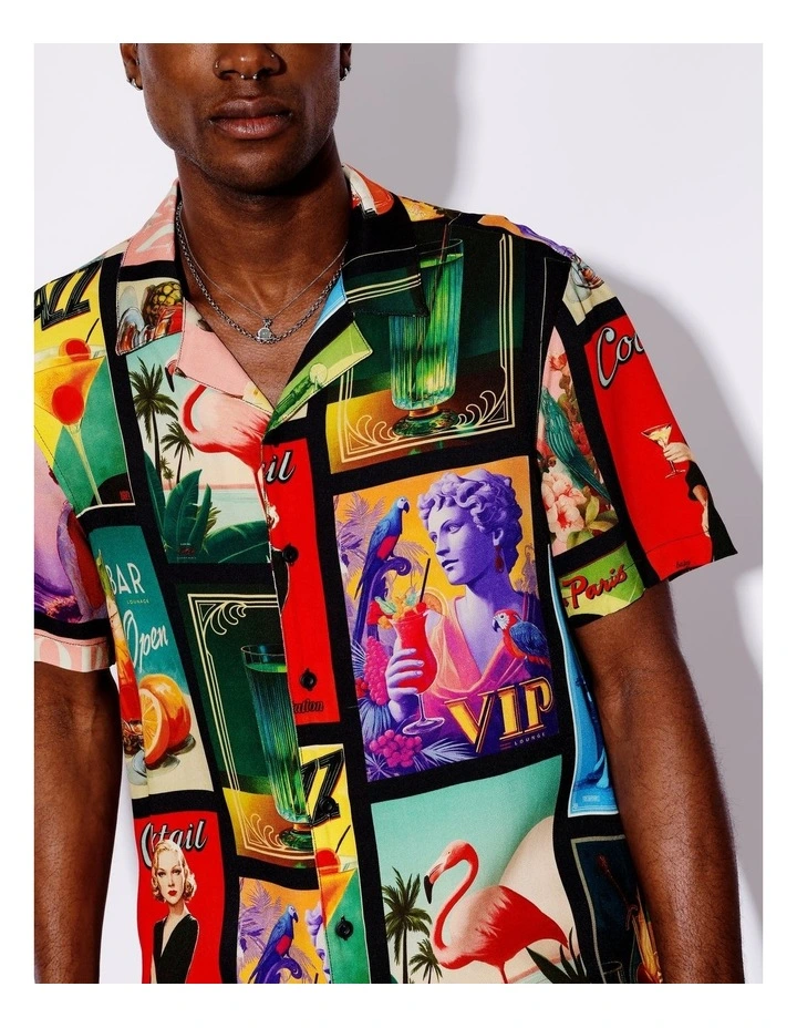 Cocktail Remix Textured Rayon Print Short Sleeve Shirt in Black image 6