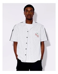Spence Stripe All Gender Oversized Placement Print Shirt in White