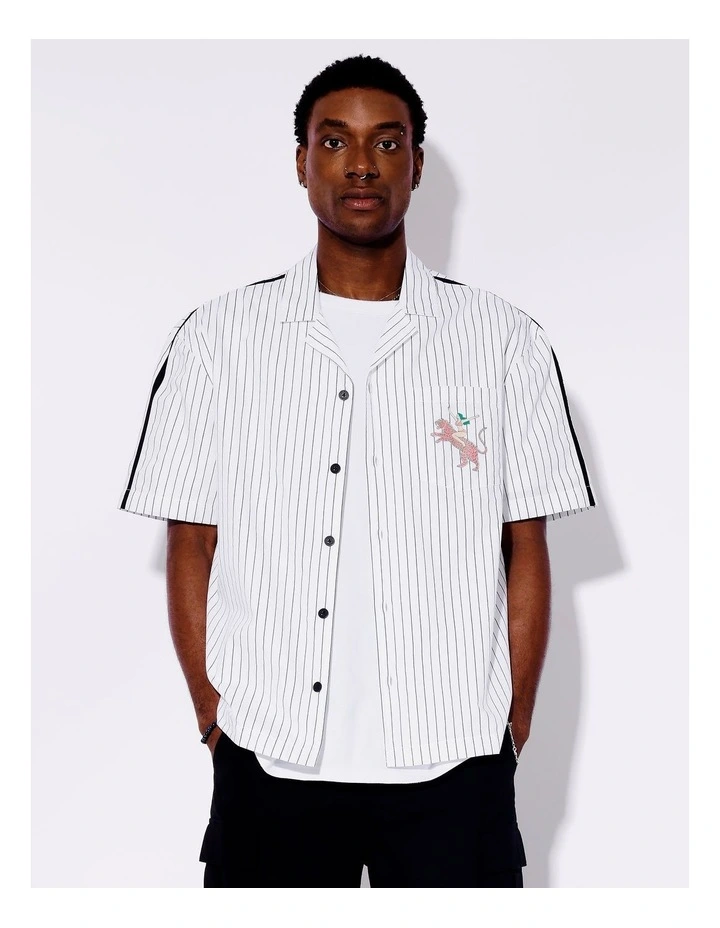 Spence Stripe All Gender Oversized Placement Print Shirt in White image 1
