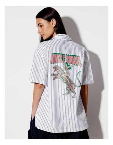Spence Stripe All Gender Oversized Placement Print Shirt in White