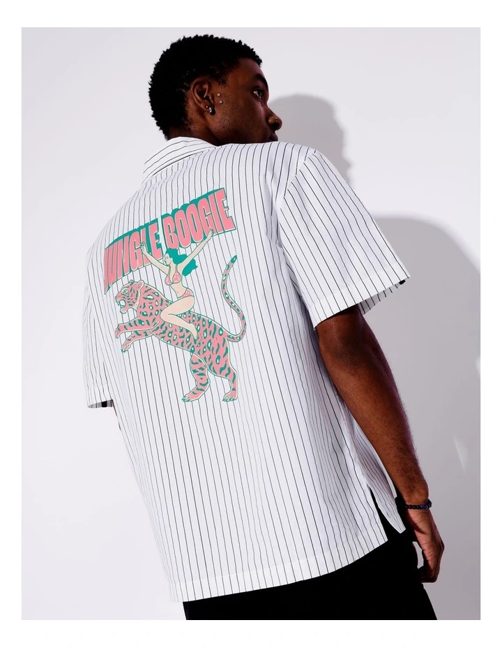 Spence Stripe All Gender Oversized Placement Print Shirt in White image 3
