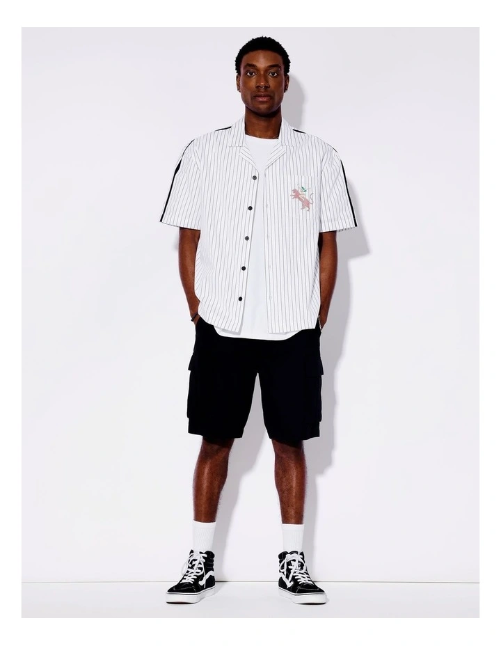 Spence Stripe All Gender Oversized Placement Print Shirt in White image 4