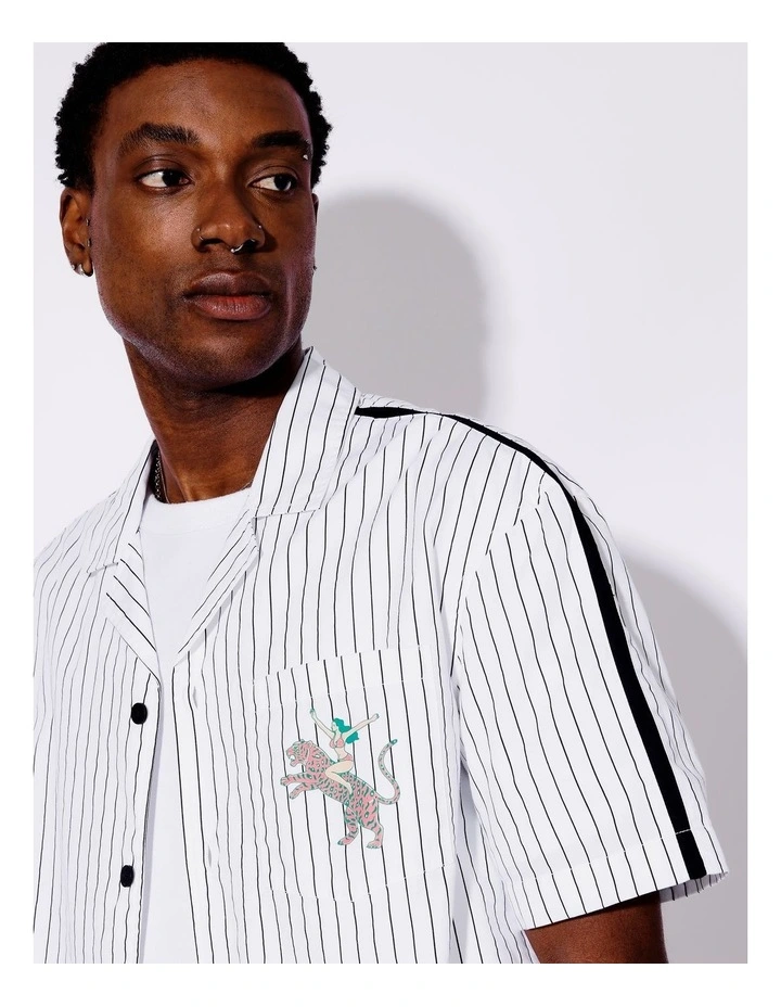Spence Stripe All Gender Oversized Placement Print Shirt in White image 5