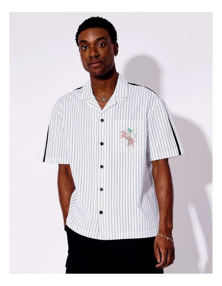 Spence Stripe All Gender Oversized Placement Print Shirt in White image 6