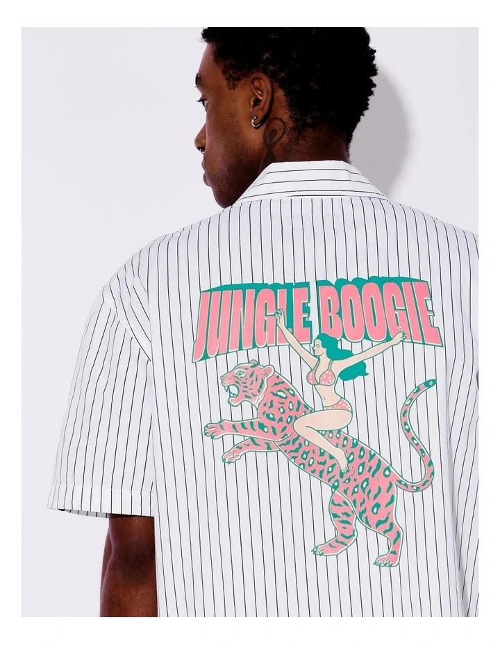 Spence Stripe All Gender Oversized Placement Print Shirt in White image 7