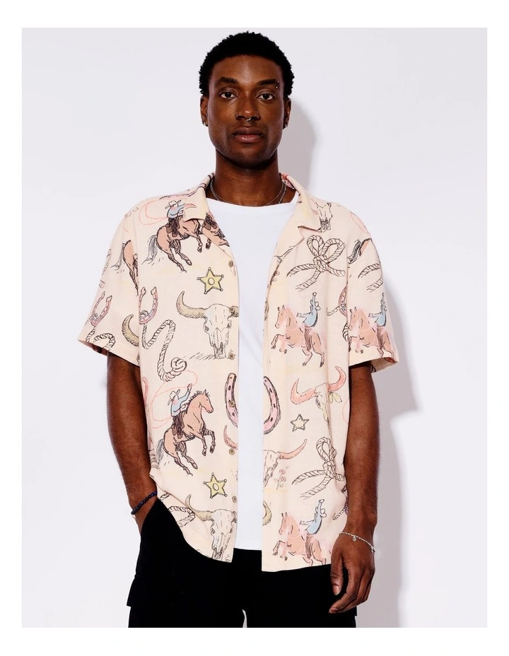 Cassidy Print Linen Blend Short Sleeve Shirt in Pink image 1