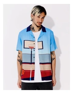 Dices Textured Rayon Placement Print Short Sleeve Shirt in Blue