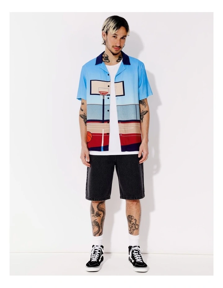 Dices Textured Rayon Placement Print Short Sleeve Shirt in Blue image 3