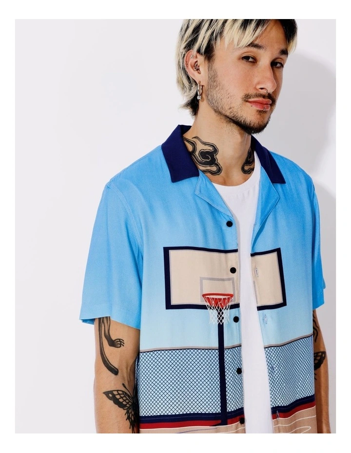 Dices Textured Rayon Placement Print Short Sleeve Shirt in Blue image 4