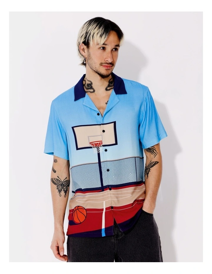 Dices Textured Rayon Placement Print Short Sleeve Shirt in Blue image 5