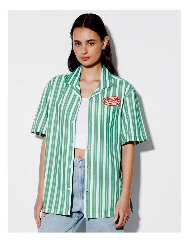 Wayne All Gender Oversized Stripe Short Sleeve Shirt in Green image 2