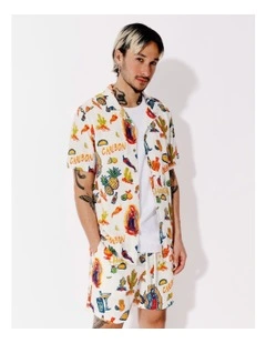 Elena Linen Blend All Over Print Short Sleeve Shirt in White