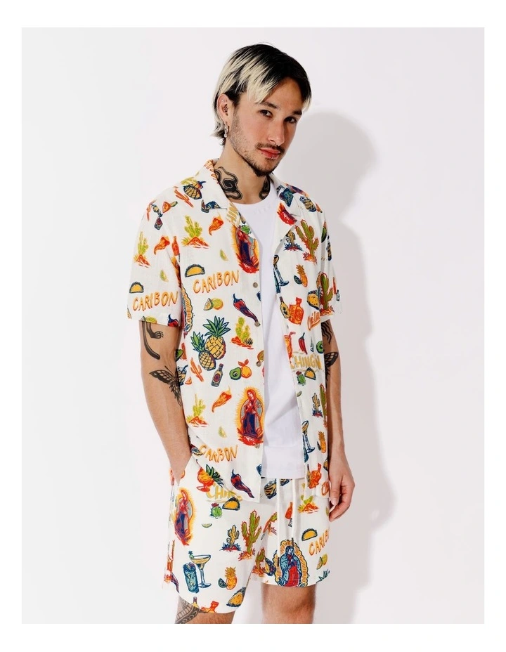 Elena Linen Blend All Over Print Short Sleeve Shirt in White image 1