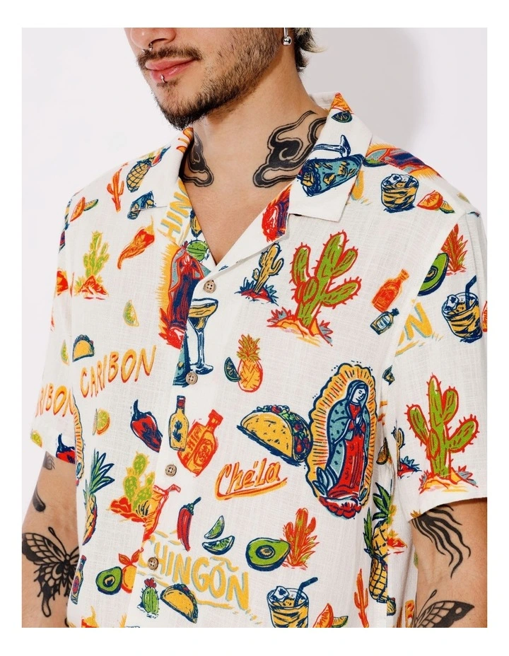 Elena Linen Blend All Over Print Short Sleeve Shirt in White image 2