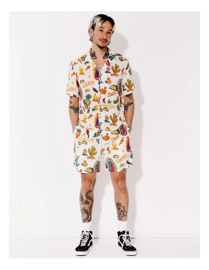 Elena Linen Blend All Over Print Short Sleeve Shirt in White image 3