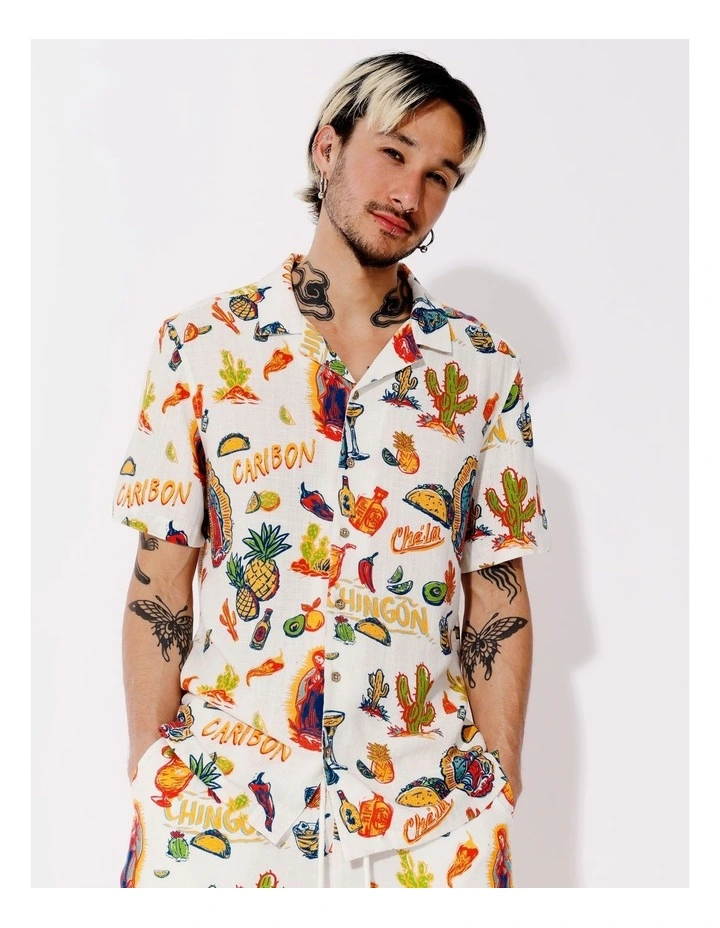 Elena Linen Blend All Over Print Short Sleeve Shirt in White image 5