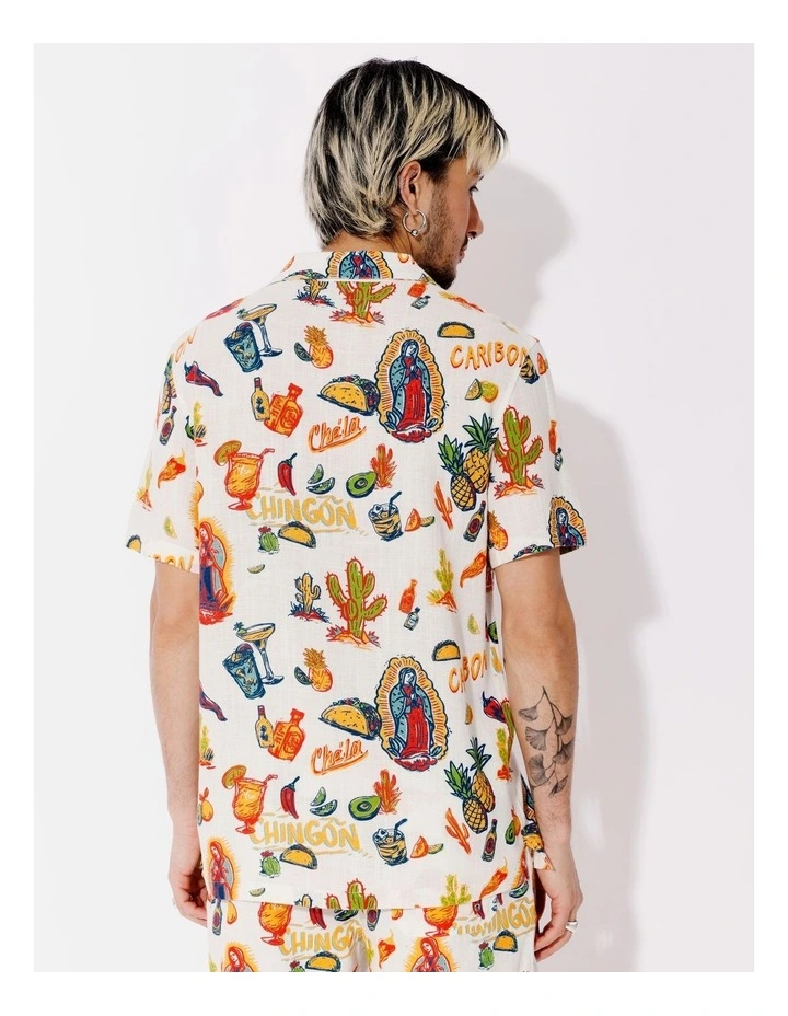 Elena Linen Blend All Over Print Short Sleeve Shirt in White image 6