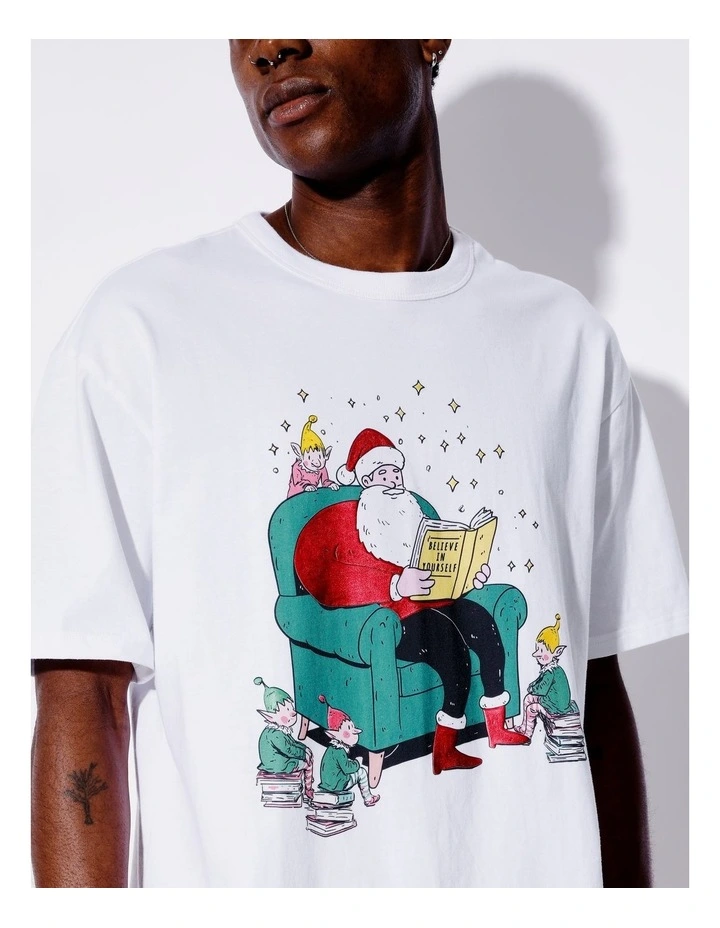 Xmas Story Print Oversize Tee in White image 2