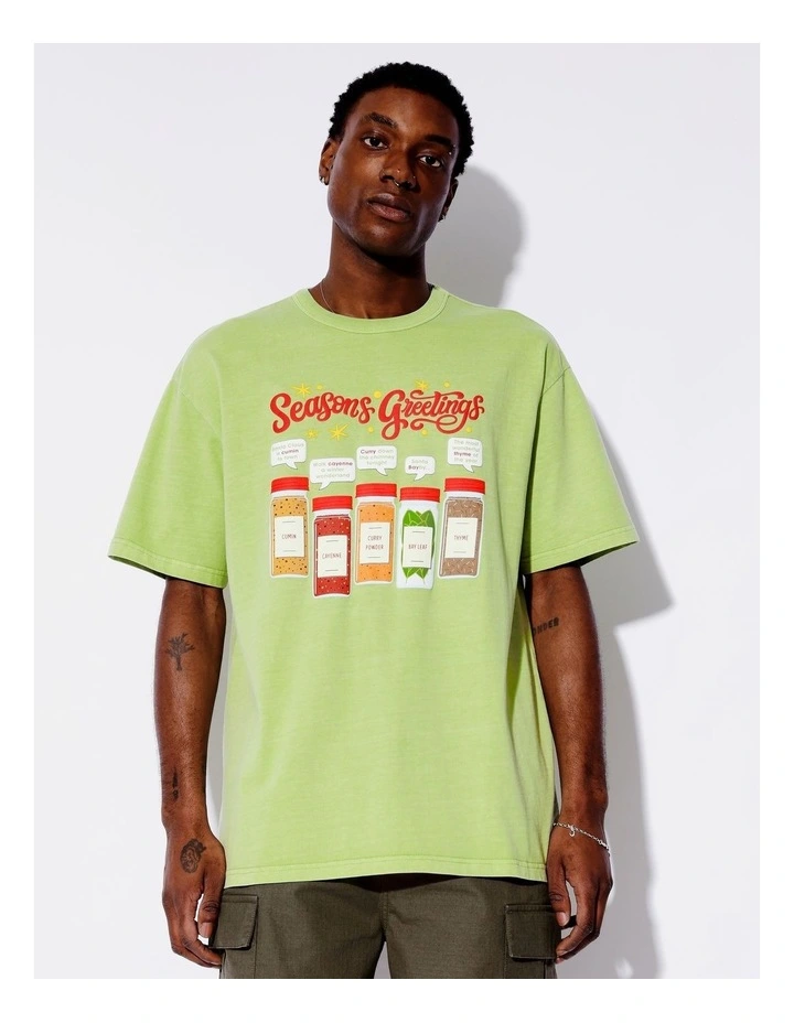 Seasons Greetings Print Oversize Tee in Green image 1