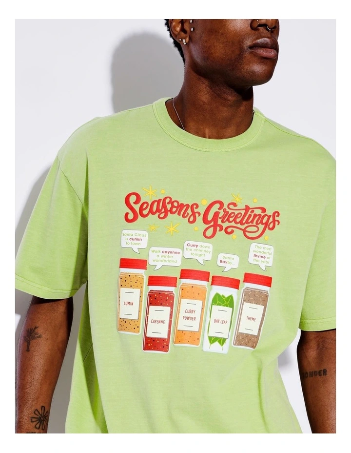 Seasons Greetings Print Oversize Tee in Green image 2