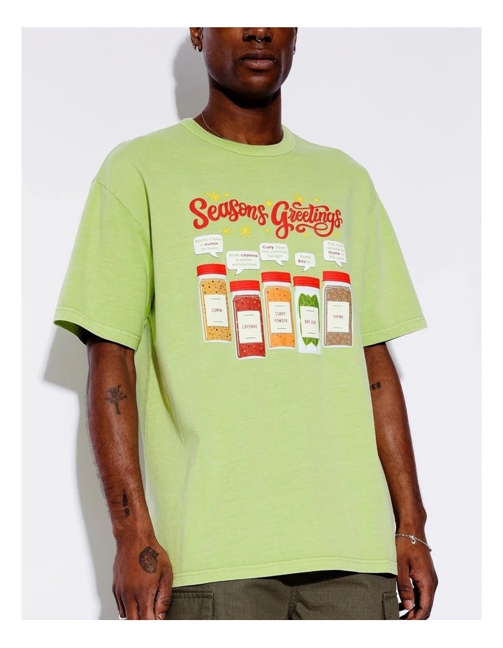 Seasons Greetings Print Oversize Tee in Green