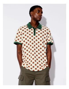 Floral Print Pique Short Sleeve Polo in Cream