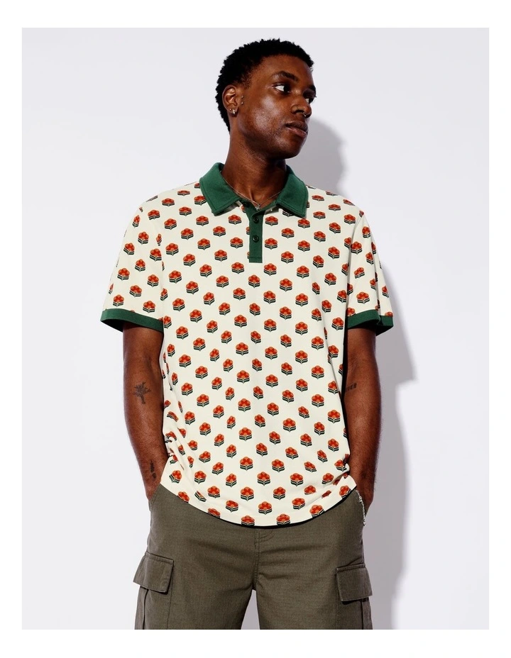 Floral Print Pique Short Sleeve Polo in Cream image 1