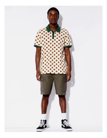 Floral Print Pique Short Sleeve Polo in Cream