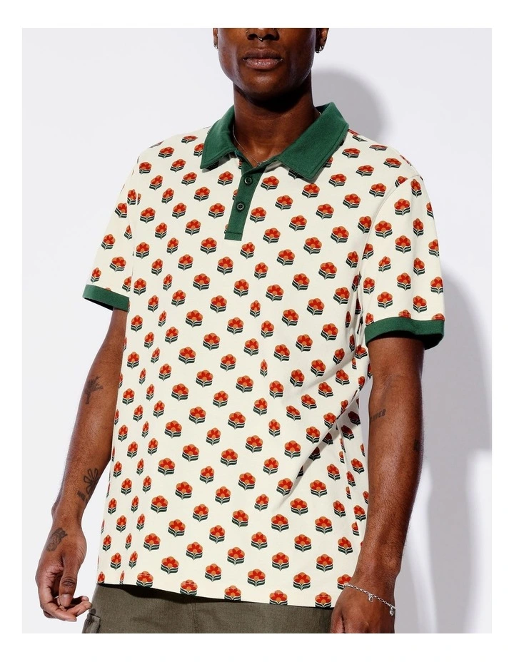 Floral Print Pique Short Sleeve Polo in Cream image 3