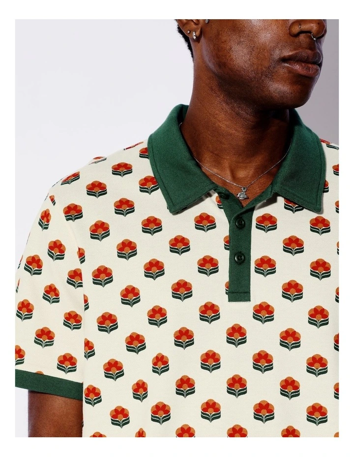 Floral Print Pique Short Sleeve Polo in Cream image 4