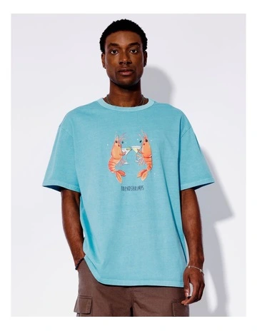Friend Shrimp Oversized Placement Print Tee in Blue