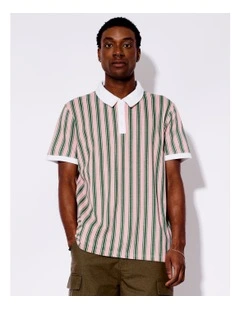 Stripe Print Pique Polo in Pink