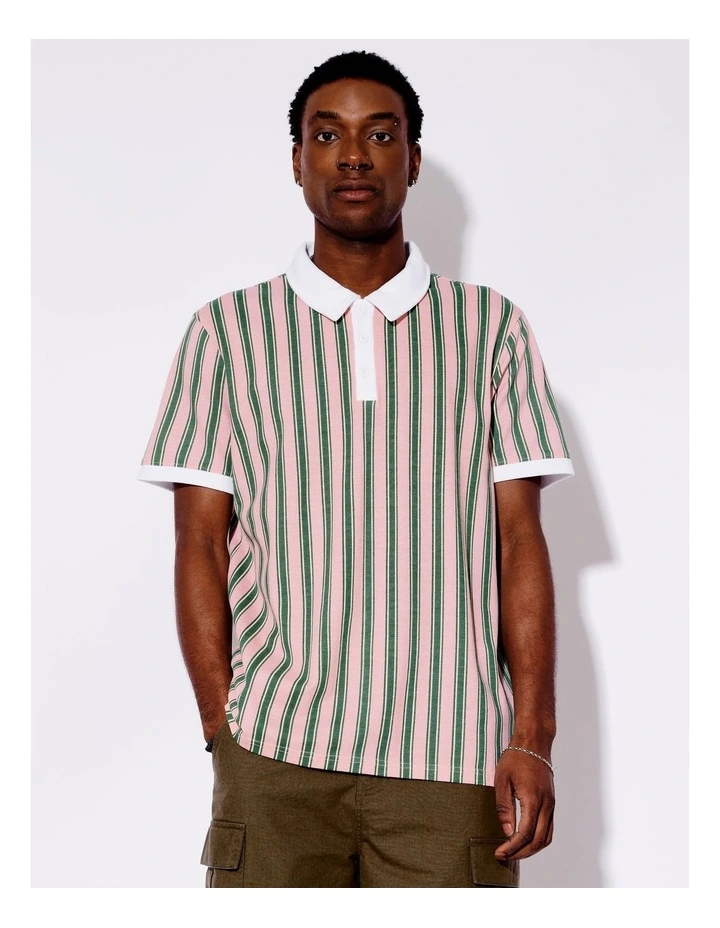 Stripe Print Pique Polo in Pink image 1