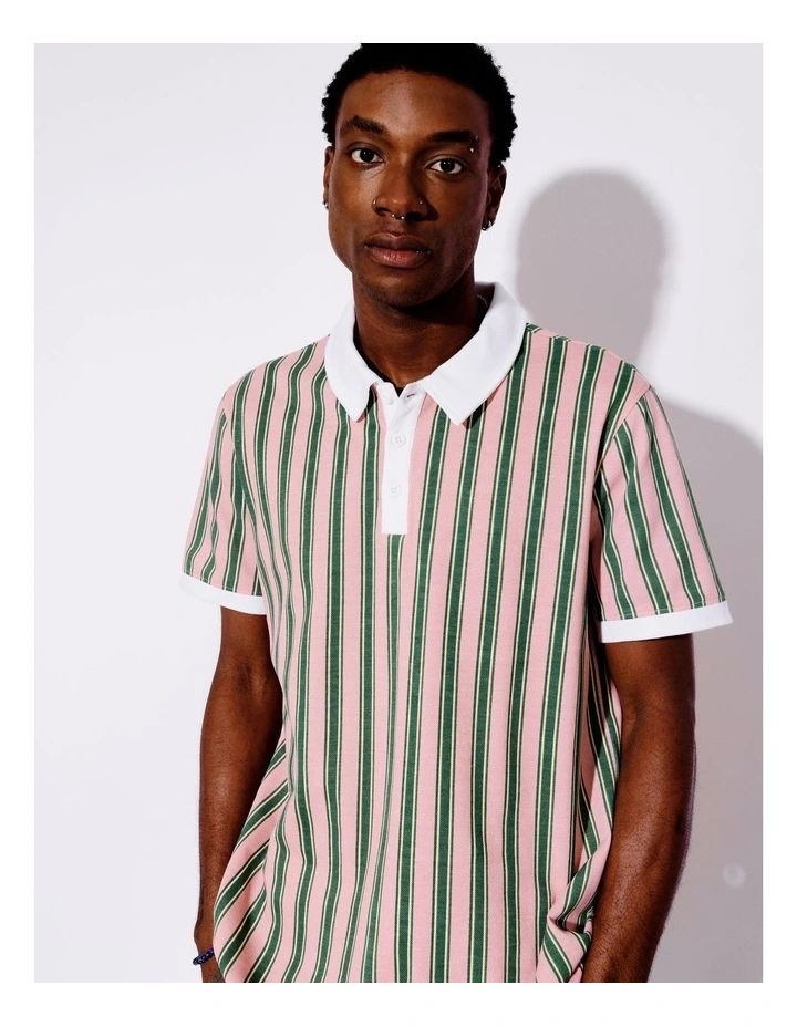 Stripe Print Pique Polo in Pink image 2
