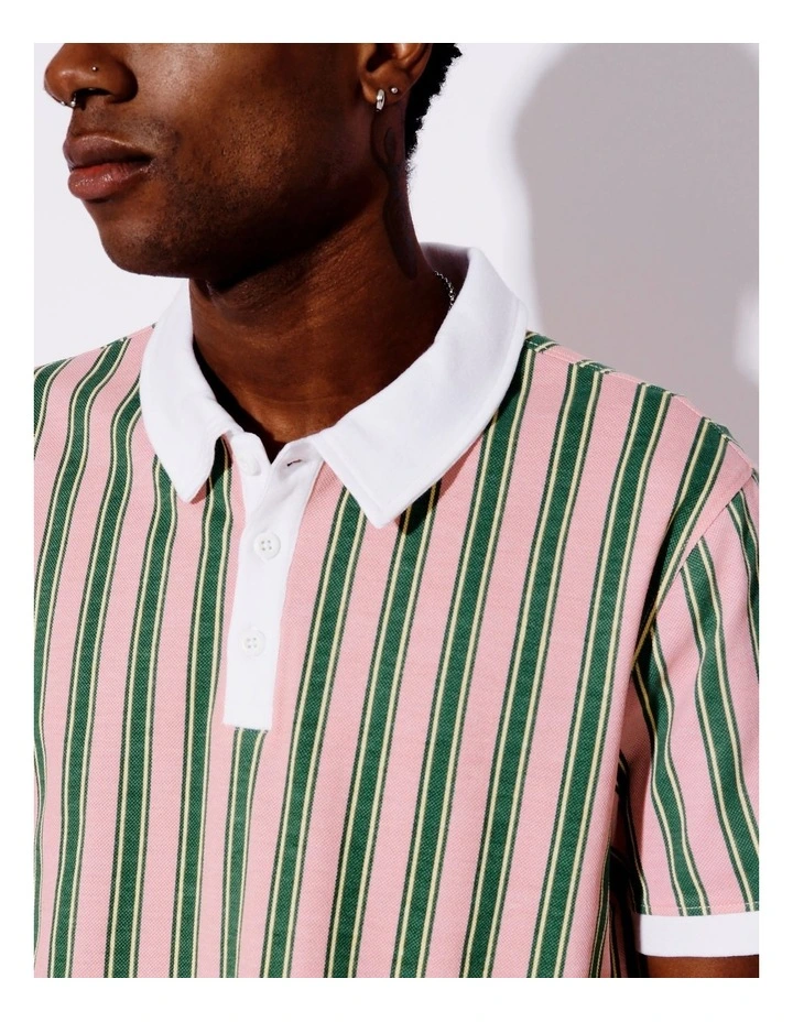 Stripe Print Pique Polo in Pink image 4