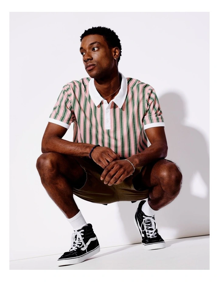 Stripe Print Pique Polo in Pink image 6
