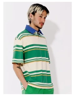 Javier All Gender Oversized Stripe Polo in Green