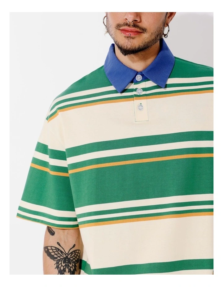 Javier All Gender Oversized Stripe Polo in Green image 3