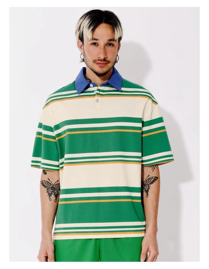 Javier All Gender Oversized Stripe Polo in Green image 4