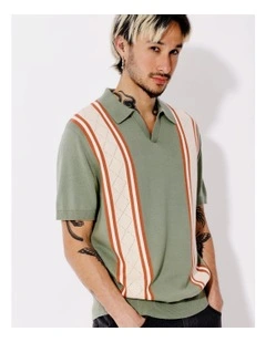 Mateo Stripe Knit Short Sleeve Polo in Green
